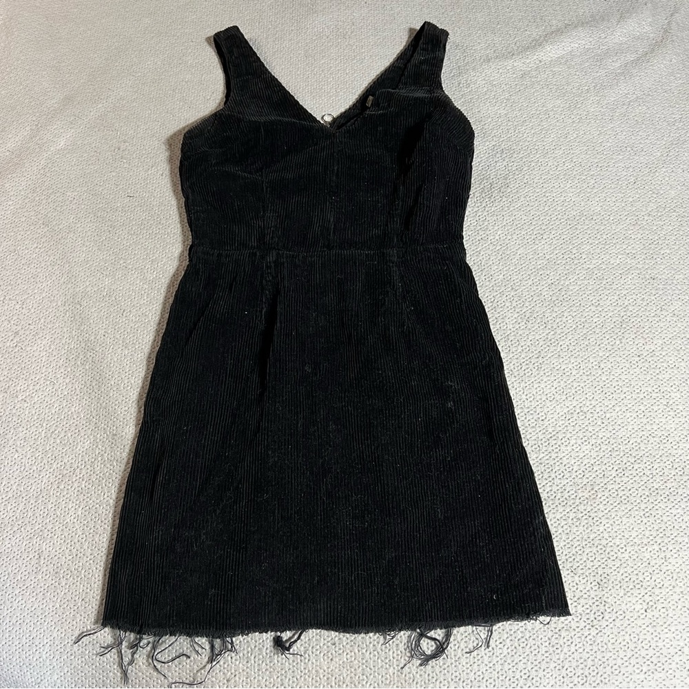 Topshop Moto Black Corduroy V Neck Bodycon Dress Size 2 Raw Hem EUC